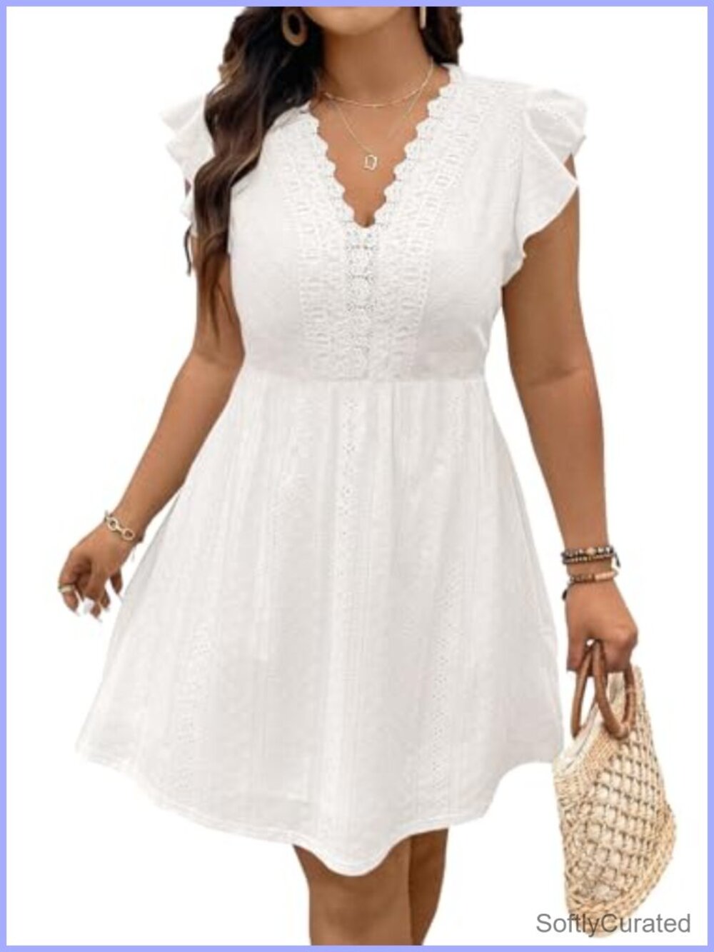 Plus Size Ruffle Cap Sleeve Lace V Neck Embroidery Eyelet A Line Dress